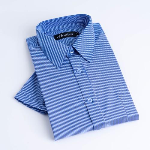 Chinjun抗皺商務襯衫，短袖，藍底白線條(s2014-9)