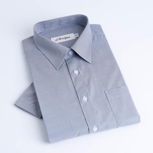 Chinjun抗皺商務襯衫，短袖，淺灰底細條紋(s201)