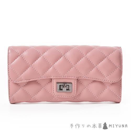 【MIYUNA米友娜】羊皮時尚Renee菱格長夾-櫻花粉