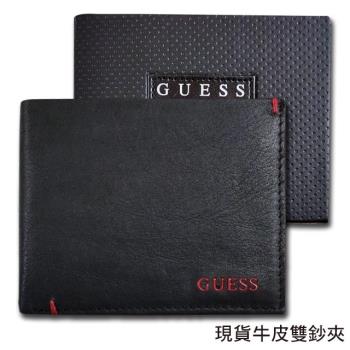 【Guess】男皮夾 短夾 牛皮夾 紅色GUESS Logo 雙鈔夾 品牌盒裝／黑色