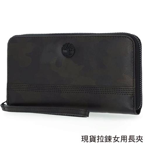【Timberland】女皮夾 長夾 牛皮夾 拉鍊錢包 多卡夾 手拿包 配腕帶／迷彩