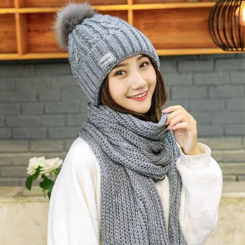 Acorn*橡果-韓系甜美針織加絨毛帽耳罩+圍巾披肩圍脖兩件套1825(兩件式-灰色)