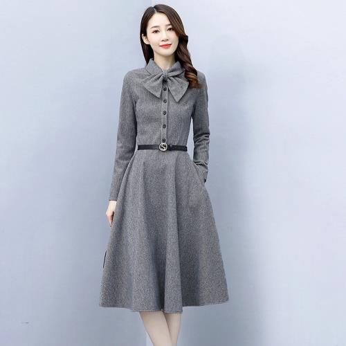 SZ-玩美衣櫃優雅灰色毛呢蝴蝶領結收腰洋裝M-2XL