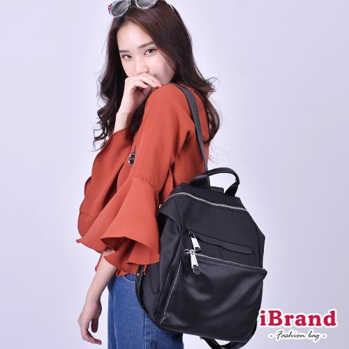 【iBrand】韓系時尚簡約真皮口袋3way尼龍後背包 -黑色 HJD-898