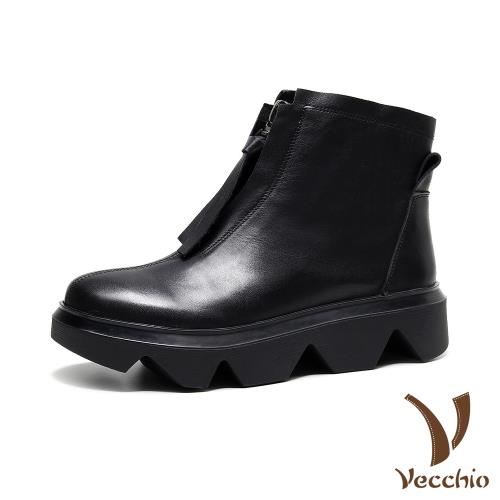 【VECCHIO】真皮短靴 厚底短靴 /真皮頭層牛皮極簡拉鍊造型厚底短靴黑