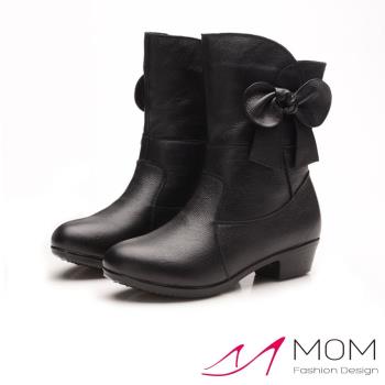 【MOM】粗跟中筒靴 真皮中筒靴/真皮頭層牛皮優雅立體蝴蝶結造型粗跟中筒靴 黑