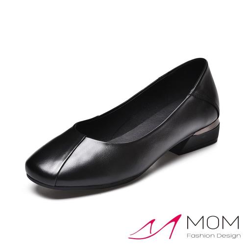 【MOM】粗跟鞋 方頭跟鞋真皮小方頭極簡折線造型百搭粗跟鞋黑