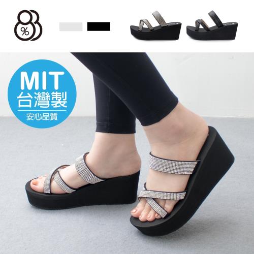 【88%】MIT台灣製 前3.5後7cm拖鞋 休閒百搭交叉水鑽 楔型厚底圓頭涼拖鞋