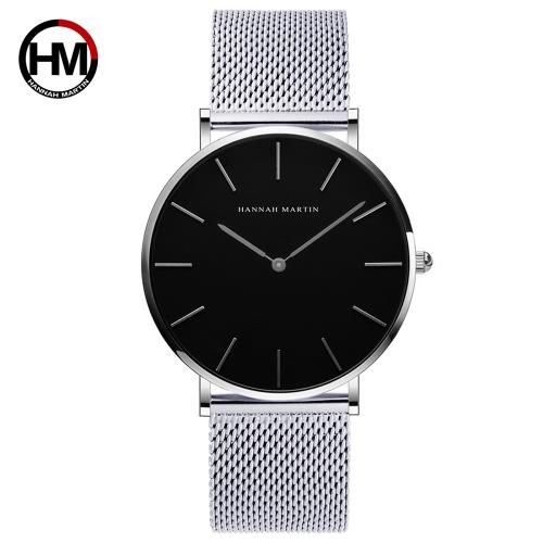 特降【HANNAH MARTIN】日本機芯簡約不鏽鋼黑面米蘭帶腕錶(HM-CH02-WYY)