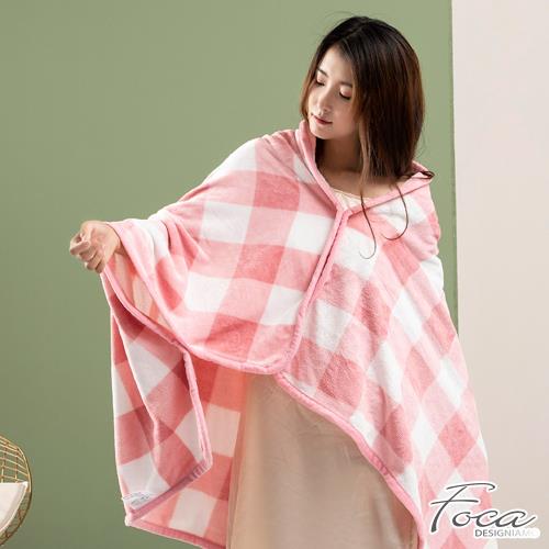 【FOCA】時尚暖心牛奶絨多功能兩用式披肩毯/蓋毯/懶人毯/交換禮物 甜美粉格(一入)