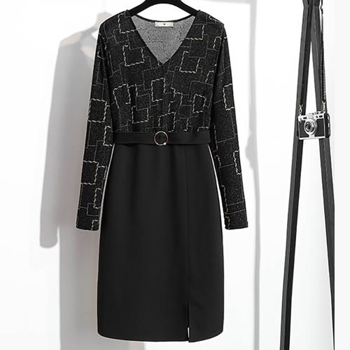 麗質達人 - 76004黑色拼接假二件洋裝