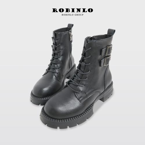 Robinlo率性魅力厚底綁帶馬汀中筒靴DEANE-極簡黑