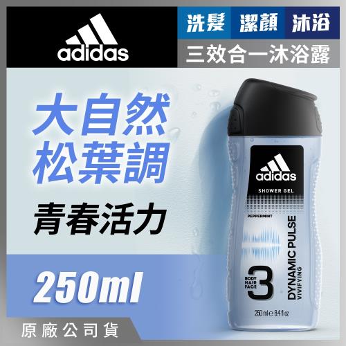 adidas愛迪達男用三效洗髮沐浴露-青春活力250ml(大自然松葉香調)