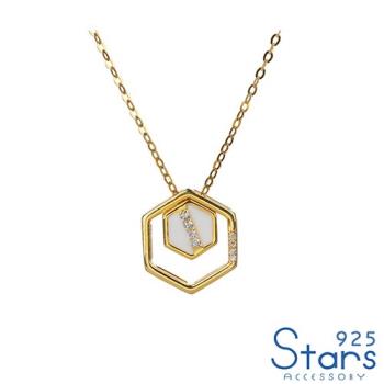 【925 STARS】純銀925微鑲美鑽滴釉六角幾何造型項鍊 純銀項鍊 造型項鍊 情人節禮物