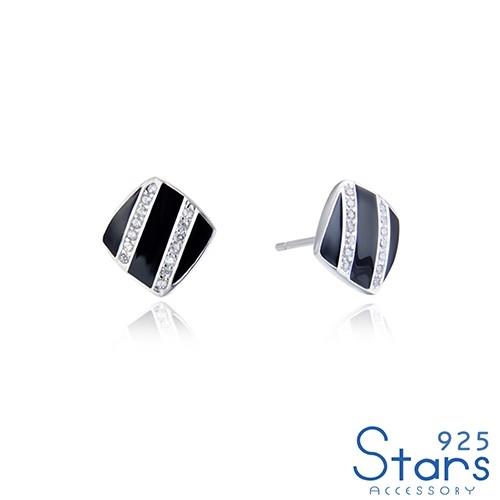 【925 STARS】純銀925微鑲美鑽黑色滴釉方塊造型耳環 純銀耳環 造型耳環 情人節禮物