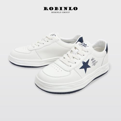 Robinlo日系手繪星星真皮厚底小白鞋休閒鞋HANZI-白色
