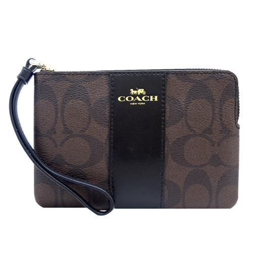 COACH 新款燙印馬車PVC直紋拉鍊手拿包(咖啡黑)