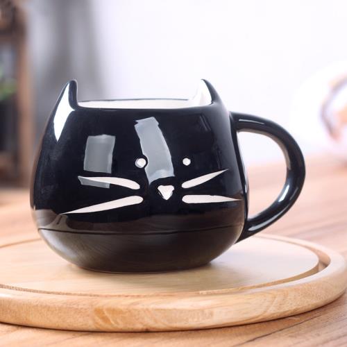 環球嚴選-貓咪陶瓷杯卡通馬克杯黑白對杯貓杯傢用喝水杯咖啡杯實用禮品 - 顏色:黑色容量:301-400ml