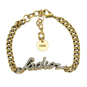 Christian Dior JADIOR 復古水鑽LOGO鏈條手鍊.古銅金