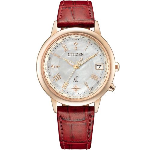 CITIZEN 星辰 xC 周年限定款光動能鈦金屬電波對時錶/櫻花粉紅金/36mm/CB1105-02W