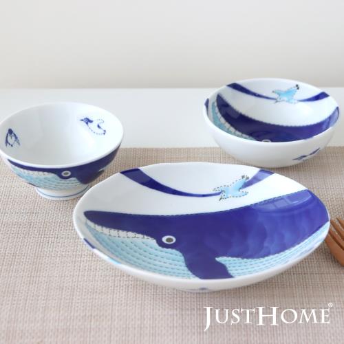 Just Home日本製藍鯨陶瓷兒童餐具3件組(飯碗+湯缽+橢圓盤)