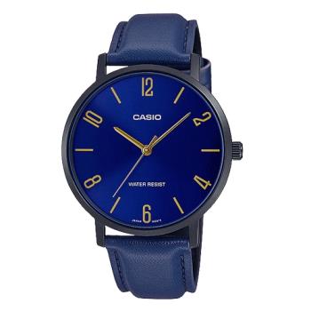 【CASIO 卡西歐】CASIO 指針男錶 皮革錶帶 藍色錶面 生活防水 MTP-VT01BL(MTP-VT01BL-2B)