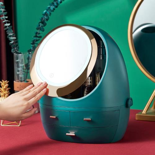 環球嚴選-網紅化妝品收納盒帶LED化妝鏡子抖音同款護膚品防塵置物架化妝盒