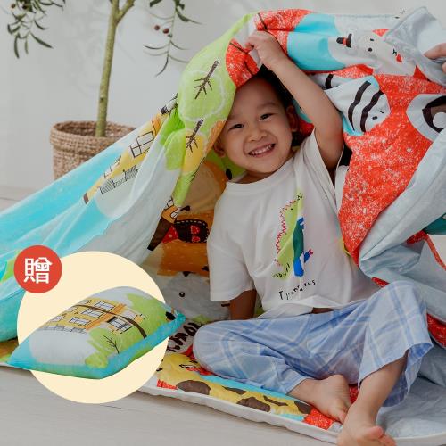 【青鳥家居】 防滑可機洗 100%純棉兩用被兒童睡墊三件組 附贈獨立枕頭（適用於2-8歲）