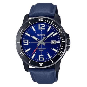 【CASIO 卡西歐】指針男錶 皮革錶帶 生活防水 日期顯示 MTP-VD01BL(MTP-VD01BL-2B)