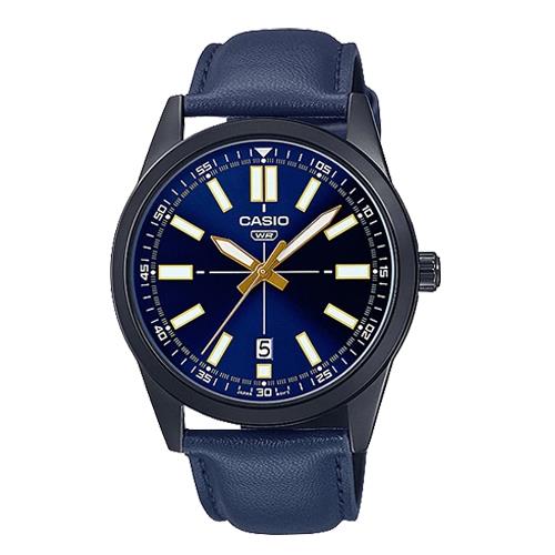 【CASIO 卡西歐】指針男錶 皮革錶帶 生活防水 日期顯示 MTP-VD02BL(MTP-VD02BL-2E)