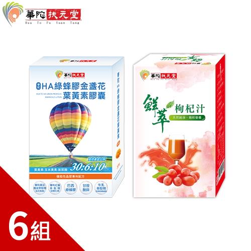 華陀扶元堂 HA綠蜂膠金盞花葉黃素膠囊(30粒/盒)6盒組＋鮮萃枸杞汁(20ml/包;10包/盒)6盒組