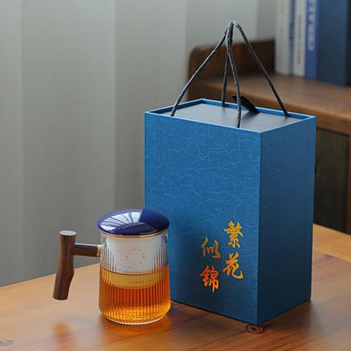 環球嚴選-木柄玻璃辦公杯陶瓷內膽創意個人水杯馬克杯三件套禮盒裝商務禮品
