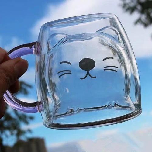 環球嚴選-網紅創意可愛小熊杯卡通雙層隔熱牛奶杯高硼玻璃雙層杯 - 顏色:粉把貓容量:201-300ml