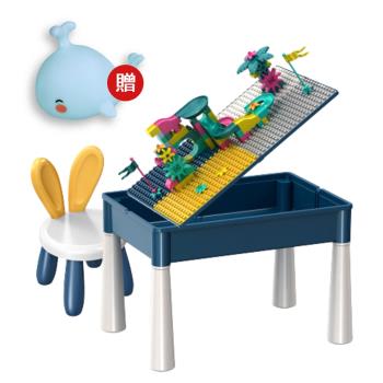 多功能兒童大顆粒積木學習桌椅組 玩具禮物兒童傢俱(加贈85PCS積木+贈鯨魚造型小夜燈)