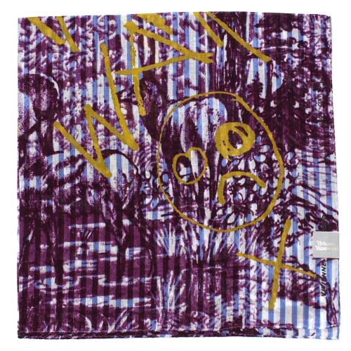 Vivienne Westwood   手繪隨意塗鴉直條底紋潑墨塗鴉純棉帕領巾(大款)_深紫
