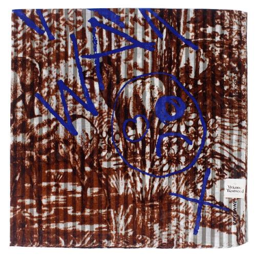 Vivienne Westwood   手繪隨意塗鴉直條底紋潑墨塗鴉純棉帕領巾(大款)_咖