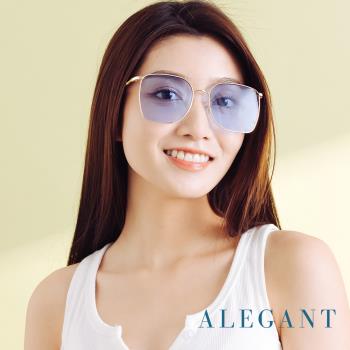【ALEGANT】時尚格調天青藍幾何線條金色方框墨鏡│UV400太陽眼鏡│半月灣的水清沙幼