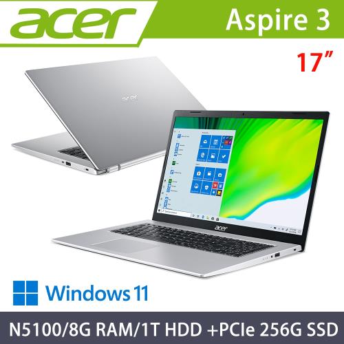 Acer宏碁 Aspire3 大螢幕筆電 17吋 N5100/8G/1T+PCIe 256G SSD/Win11/A317-33-C6ZM 銀|17吋