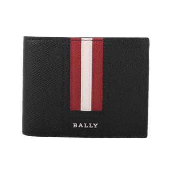 BALLY - 防刮皮革紅白條紋對開6卡短夾 (黑色)