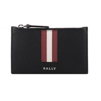 BALLY - 紅白條紋防刮牛皮拉鍊卡片夾/零錢包 (黑)