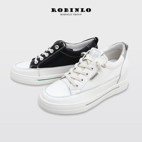 Robinlo舒適日常全真皮內增高小白鞋WEIR-白色/黑色
