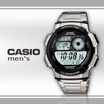 【CASIO 卡西歐】基本款電子錶 不銹鋼錶帶_中性錶_防水_世界時間(AE-1000WD-1)