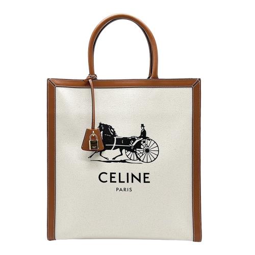 【CELINE】馬車印花帆布直式手提包(焦糖色)