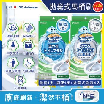 日本SC Johnson莊臣 免沾手拋棄式濃縮洗劑馬桶刷清潔組2盒(刷柄2支+刷架2座+水溶性刷頭8入)