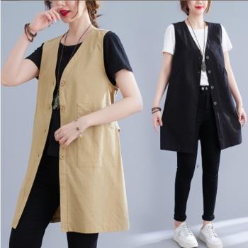 麗莎熊 LisaBear 棉麻Ｖ領排扣大口袋後腰帶造型長版背心罩衫 M~2XL 兩色可選