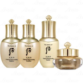 【即期良品】Whoo 後 天率丹皇后保養4件組(天率丹完美奇蹟皇后精華凝露25ml+乳液25ml+精華8ml+霜10ml)(公司貨)