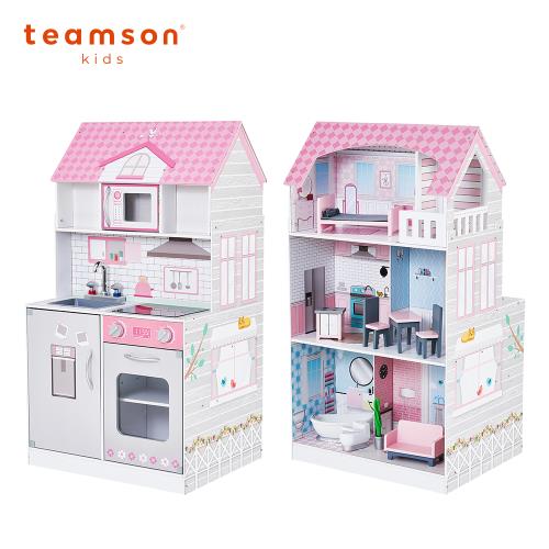 Teamson kids 艾芮兒奇境2合1木製娃娃屋廚房組(附鍋具及家具組)