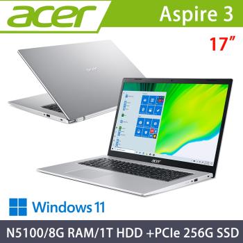 Acer Aspire3 大螢幕筆電 17吋 N5100/8G/1T+PCIe 256G SSD/Win11/A317-33-C6ZM 銀