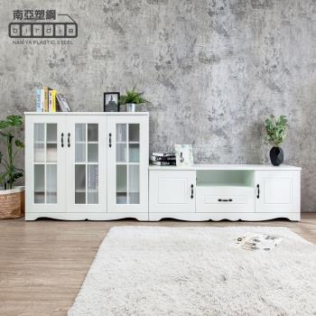 Birdie南亞塑鋼-鄉村歐風9.1尺格子窗L型電視櫃組合(4.1尺展示矮櫃+5尺電視長櫃)(白色)