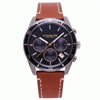 COACH 美國頂尖精品簡約時尚三眼計時皮革腕錶-黑+咖啡-14602410